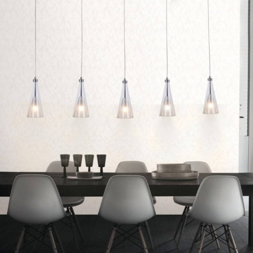 Suspension Barre 5 Lumières PRISS Argentée en Métal et Verre Suspension Barre 5 Lumières PRISS Argentée en Métal et Verre