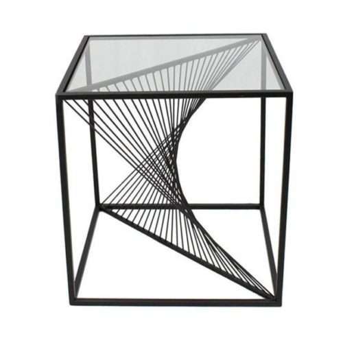 Bout de canapé carré SPIRALE en métal noir mat et verre transparent Bout de canapé carré SPIRALE en métal noir mat et verre transparent