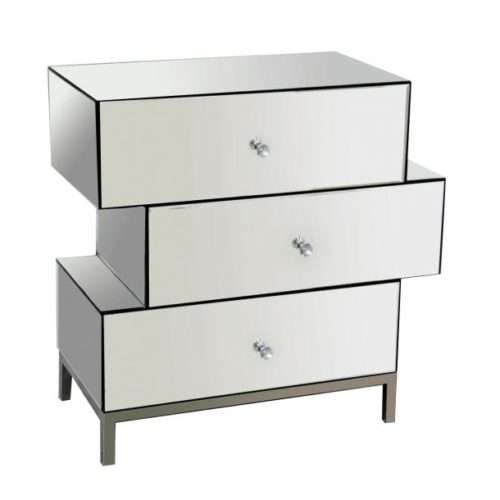 Commode 3 tiroirs NELLY argentée en miroir et métal Commode 3 tiroirs NELLY argentée en miroir et métal